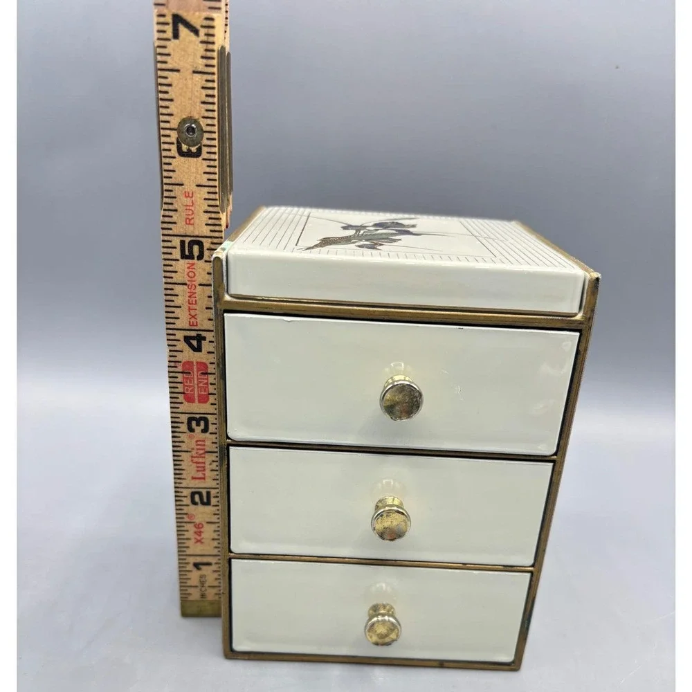 Vintage Otagiri Japan‎ Grand Iris Jewelry Box 3 Drawer Mirror Cream Lacquerware